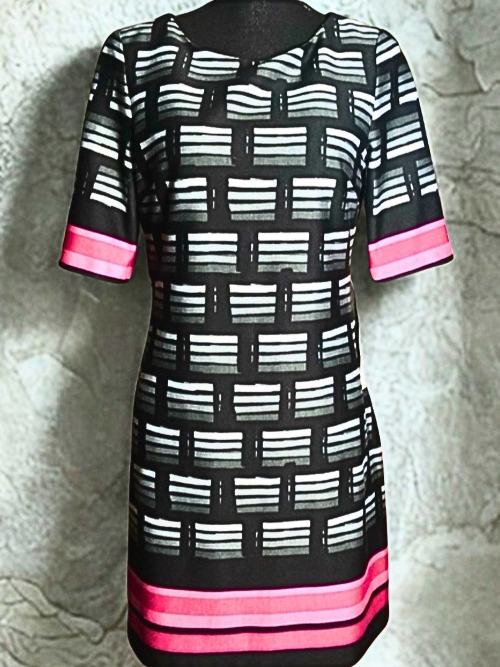 Eliza J Short Sleeved Black and Pink Shift Dress